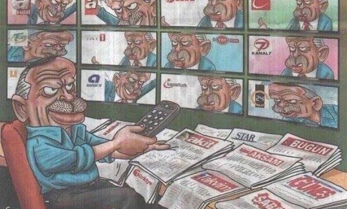 Caricatura que demonstra o controle da mídia exercido por Erdogan