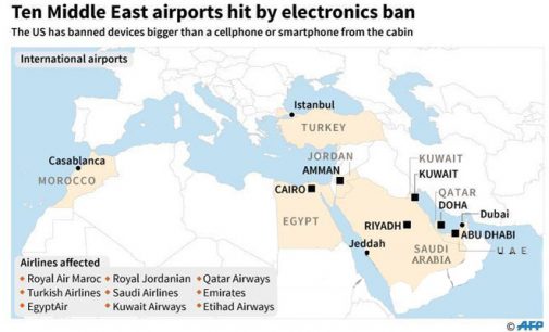 EUA proíbe dispositivos eletrônicos em cabines em voos diretos de 10 aeroportos em nações de maioria muçulmana